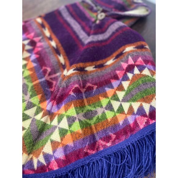 Handmade Toddler Alpaca Wool Poncho with Fringe Hooded Colorful Boho Toddler - Picture 7 of 11